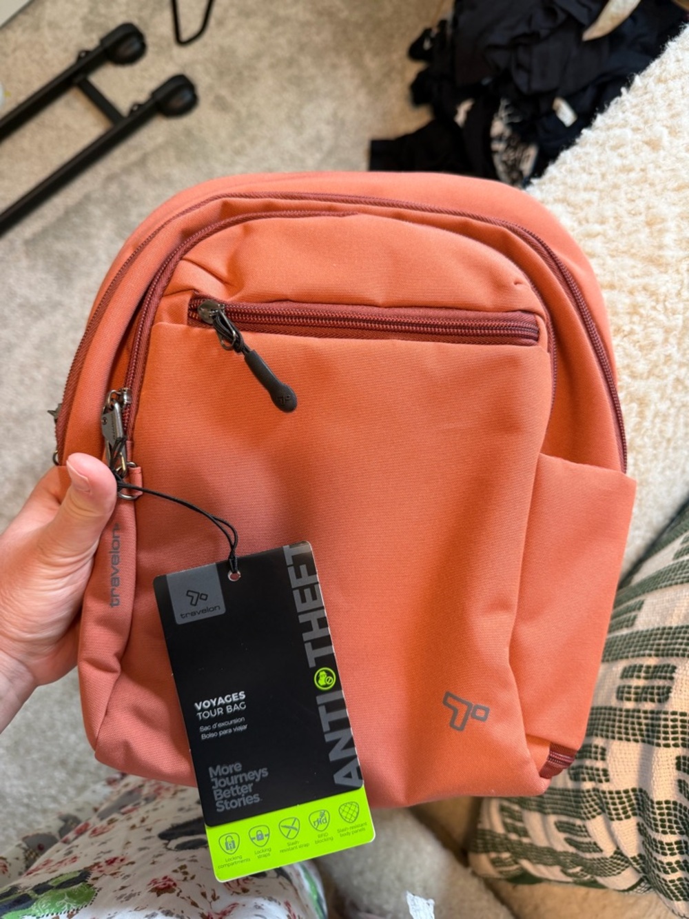 Travelon Men's Compact Coral Orange Anti-Theft Crossbody Backpack
